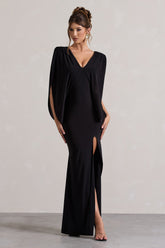 Black V-Neck Cape Sleeve Split Maxi Dress